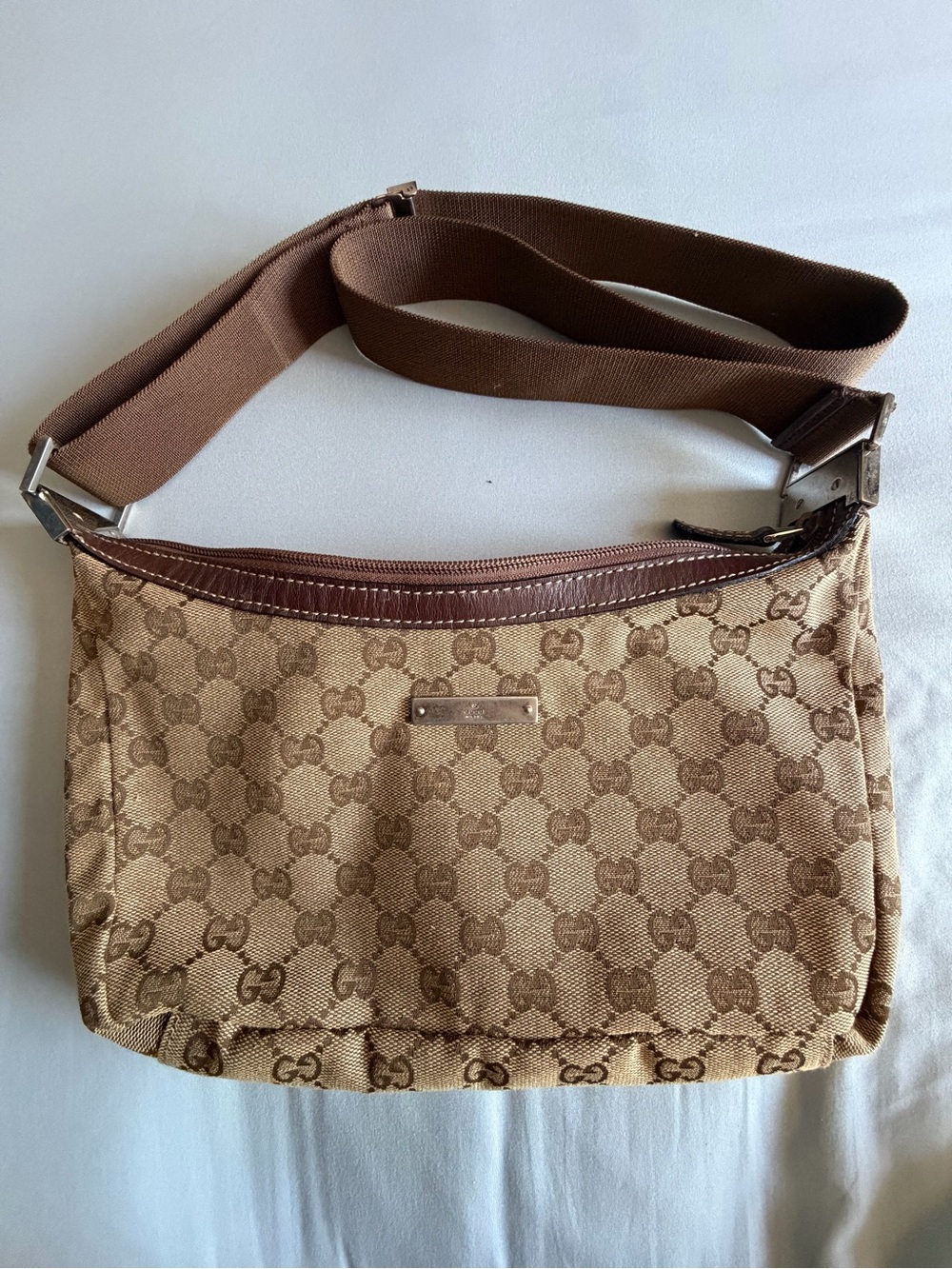 Gucci Brown Beige Monogram Webbing Belt with Silver Buckle